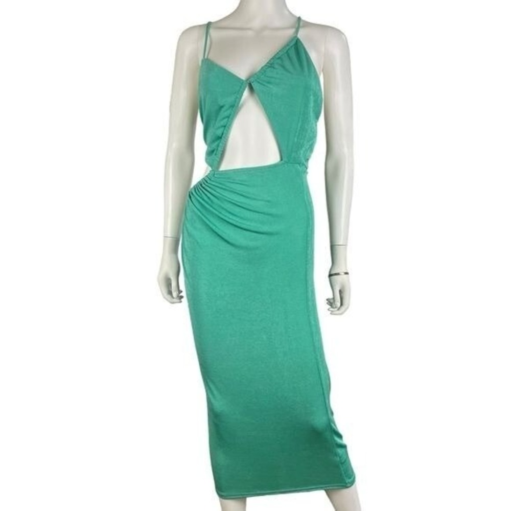 Endless Blu Teal Cutout Bodycon Midi Dress Ruched Open Back Y2K Party Women L
